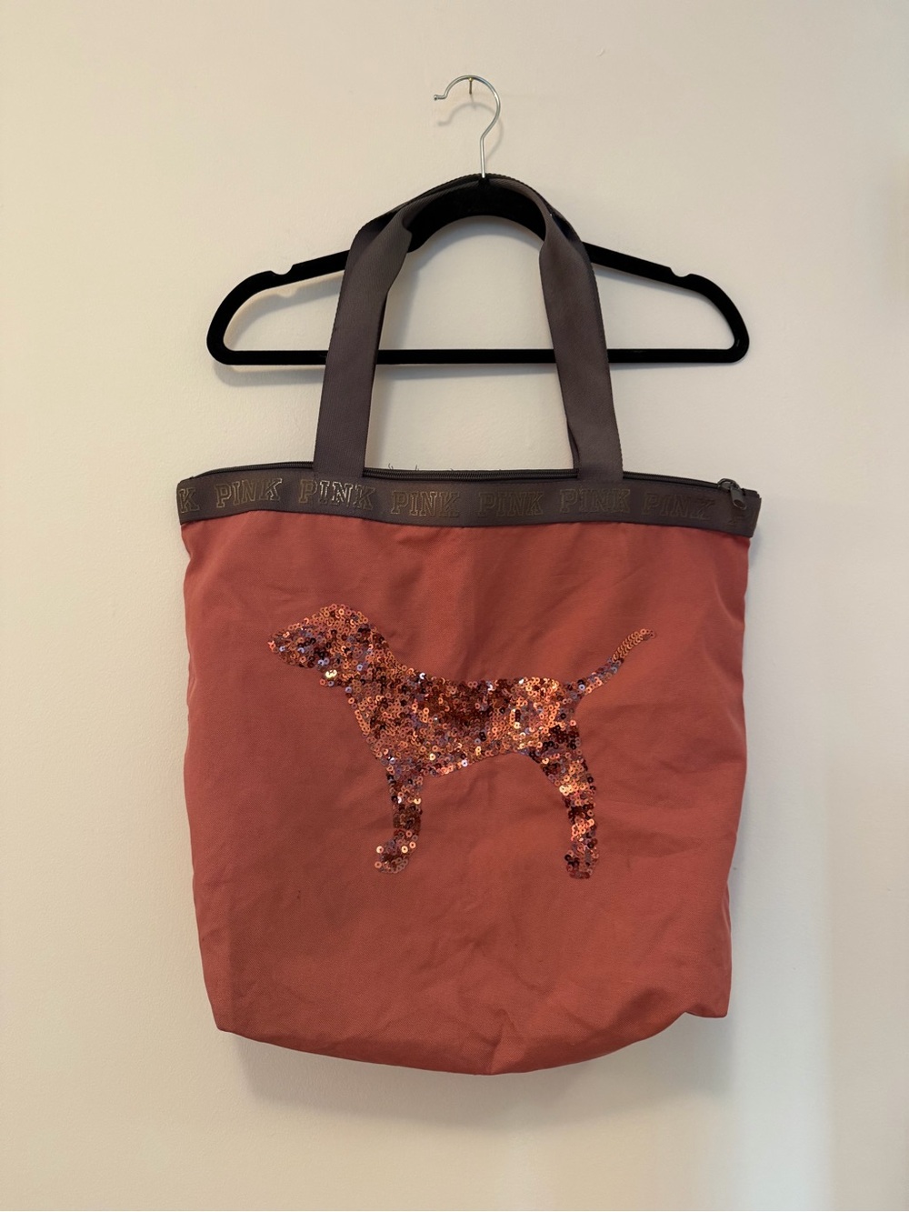PINK Sequin Dog Tote in Dusty Rose with Grey Handles